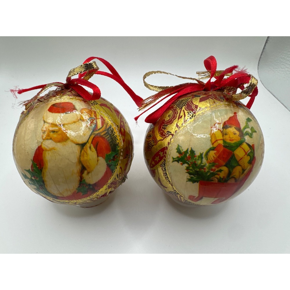 Vintage Style Decoupage Christmas Ornaments Santa and Elf Gold Foil Set of 2